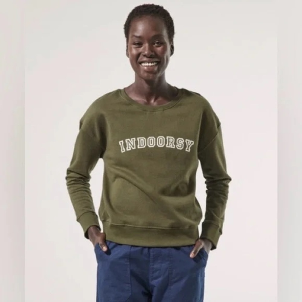 Pact Indoorsy Moss Green Sweatshirt sz S Crew Neck Cropped Long Sleeve Organic